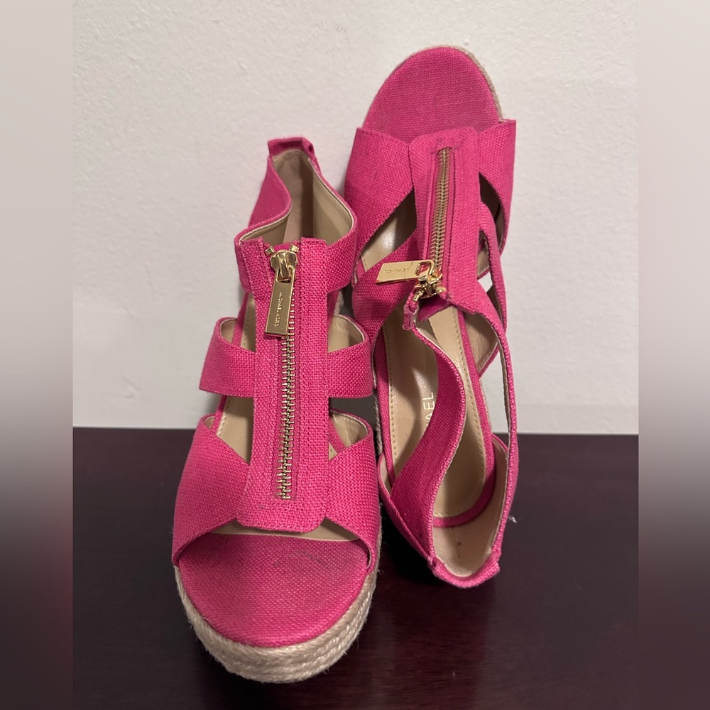 Michael Kors Berkeley Canvas Front Zip Platform Wedge Espadrilles.